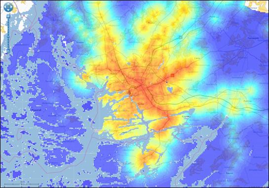 49 Bild 34: Pargas invånartillgänglighet med kollektivtrafik vid granskningen av Åbo stadsregion.