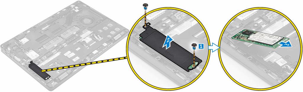 3. Så tar du bort PCIe SSD-kortet: a. Ta bort skruvarna som håller fast SSD-fästet i SSD [1]. b. Ta bort SSD-fästet [2]. c.