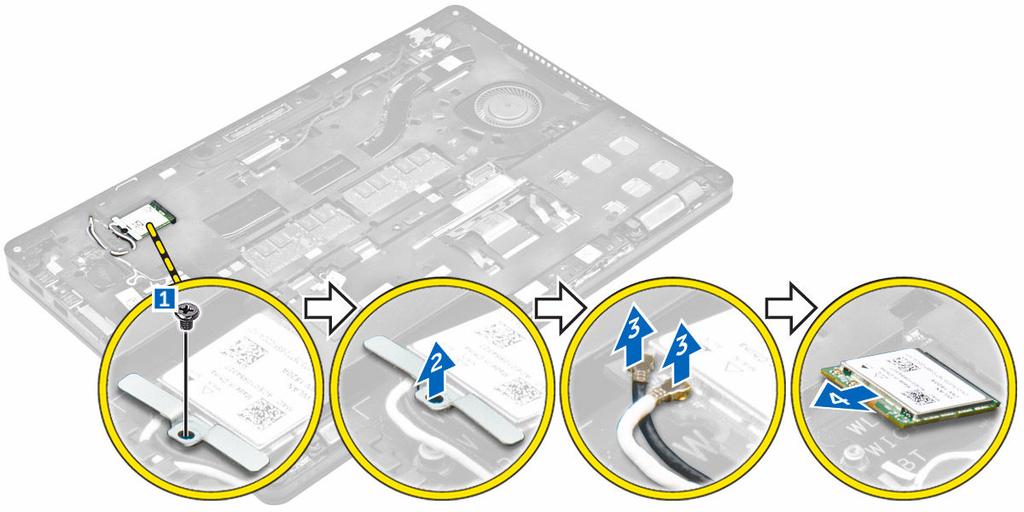a. batteriet b. kåpan 3. Följ anvisningarna i När du har arbetat inuti datorn. Ta bort WLAN-kortet 1. Följ anvisningarna i Innan du arbetar inuti datorn. 2. Ta bort: a. kåpan b. batteriet 3.