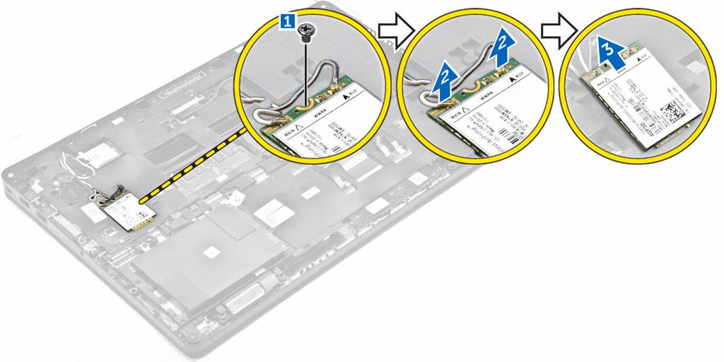 Removing the WWAN card 1. Följ anvisningarna i Innan du arbetar inuti datorn. 2. Ta bort: a. kåpan b. batteriet 3. Ta bort WWAN-kortet genom att: a. Ta bort skruven som håller fast WWAN-kortet [1]. b. Koppla bort WWAN-kablarna från kontakterna på WWAN-kortet [2].