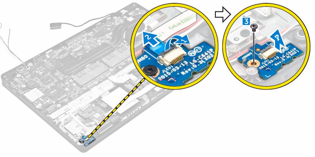 b. Ta bort skruven som håller fast LED-kortet i datorn [3]. c. Lyft bort LED-kortet från datorn [4]. Installera LED-kortet 1. Sätt i LED-kortet i kortplatsen på datorn. 2.