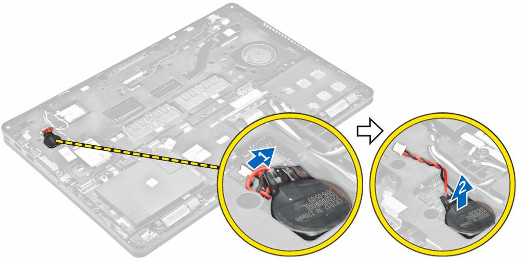Installera knappcellsbatteriet 1. Placera knappcellsbatteriet i facket på moderkortet. 2. Anslut knappcellsbatteriets kabel till kontakten på moderkortet. 3. Installera: a. batteriet b. kåpan 4.