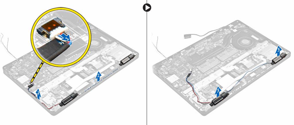 Installera högtalarna 1. Placera högtalarna i öppningarna på datorn. 2. Dra högtalarkabeln genom låsspännena genom kabelhållarna. 3. Anslut högtalarkabeln till kontakten på moderkortet. 4.