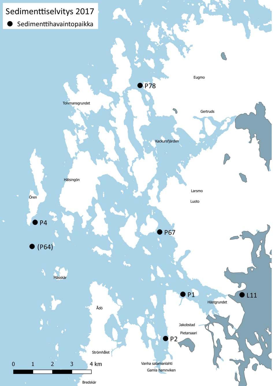 Liite/ Bilaga 14 Pietarsaaren edustan sedimenttiselvityksen havaintopisteet vuonna 217.