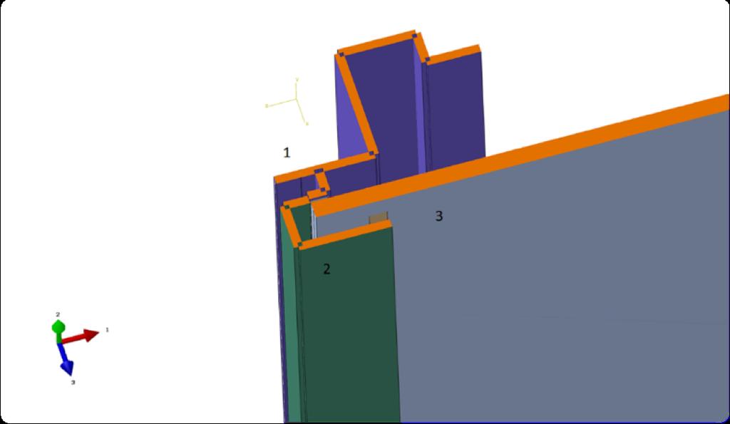 I Figur 14 visas den förenklade modellen i Abaqus i ett tvärsnitt där synliga ramdelar (renderad tjocklek) från