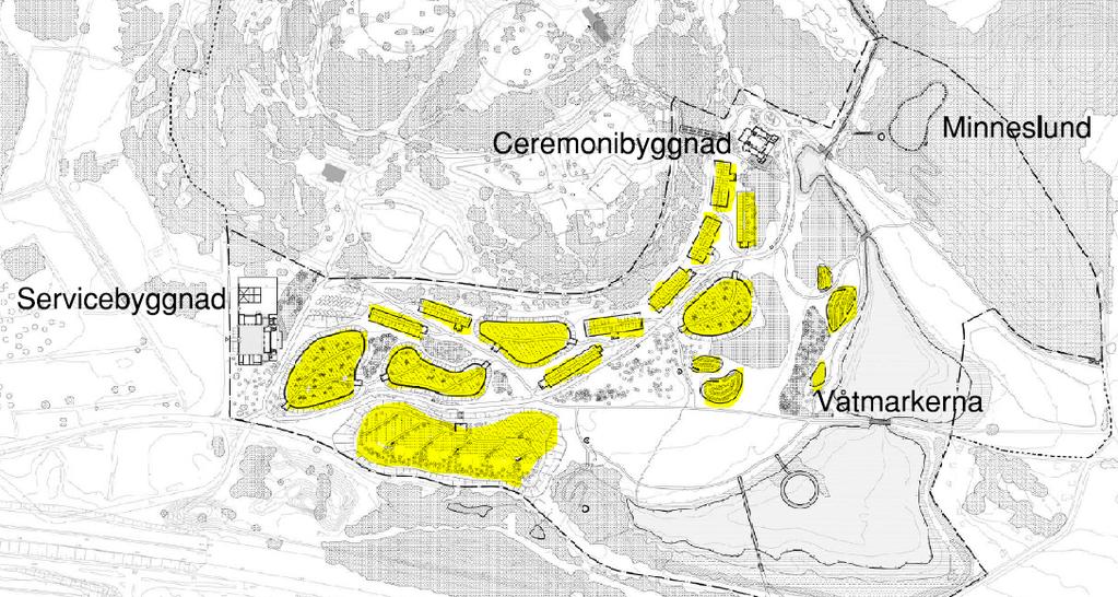 Illustrationsplan över den första utbyggnadsetappen. De avgränsade gravkvarteren (markerade i gult) ligger i anslutning till huvudvägen med ceremonibyggnaden i nordost.