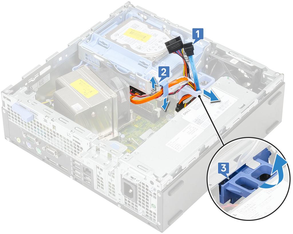 c Dra bort hårddiskens kablar [1] och kablarna till den optiska drivenheten [2] genom fasthållningsklämman och HDD-ODD frigöringsfliken.