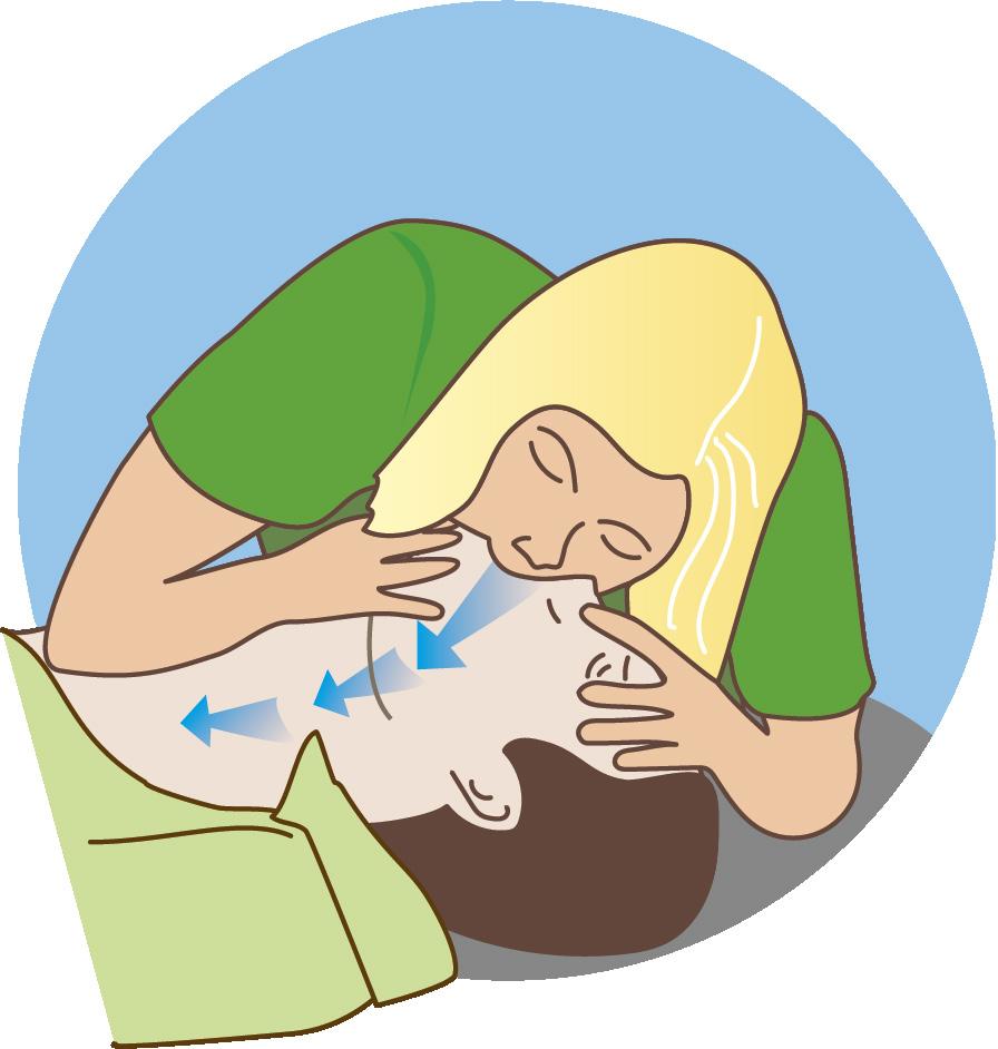 Andningshjälp med inblåsningar 1. Lägg personen på rygg. 2. Titta i munnen och ta bort sådant som är i vägen, till exempel bitar av mat. 3. Luta personens huvud lätt bakåt. 4.