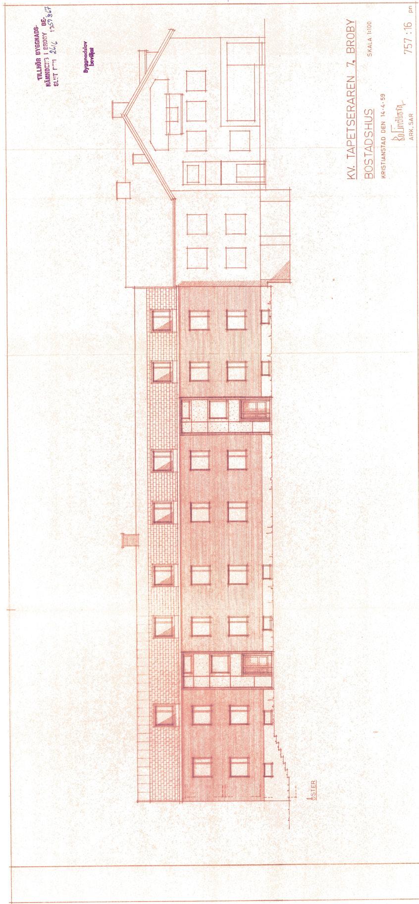 Tapetseraren 6 Flerbostadshus (1950-talet) Två och ett halvplans tegelhus med putsdetaljer.