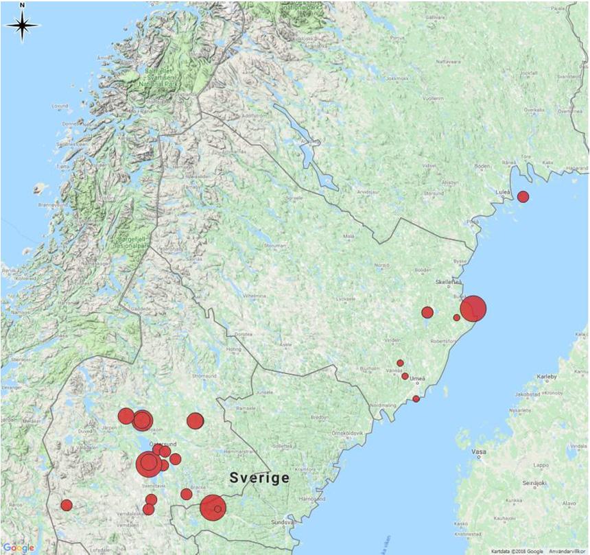BIOGEOGRAFISK UPPFÖLJNING DAGFJÄRILAR 2017 16 Figur 11. Lokaler som inventerats med avseende på violett guldvinge under 2017.