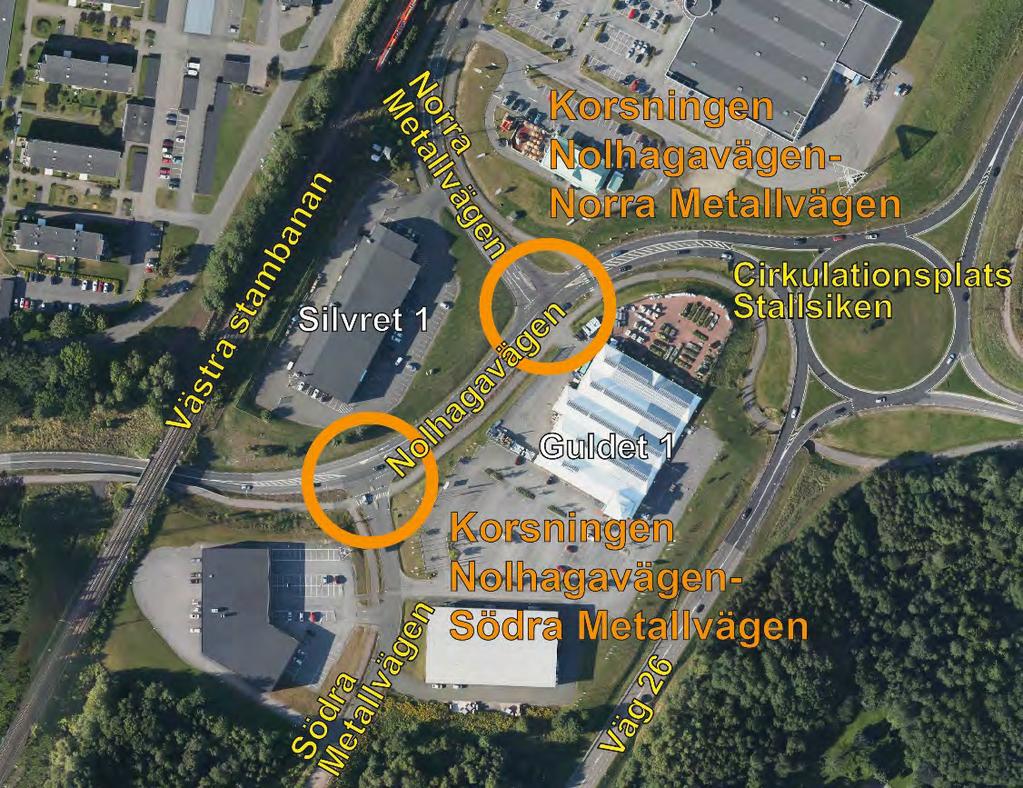 4 FÖRDJUPAD TRAFIKUTREDNING FÖR NOLHAGAVÄGEN Figur 1. Karta över östra delen av Nolhagavägen och de korsningar som omfattas i denna fördjupade trafikutredning.