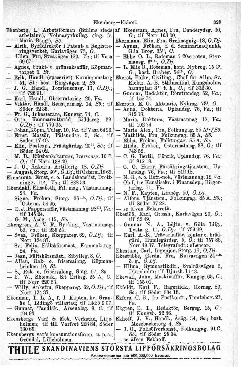 Ekenberg, I., Arbetsförman (Sthlms stads arbetsinr.), Volmaryxk~llsg. (ing. fr. Maria Bang.), Sö. Blrik, Byrådirektör i Patent o. Registreringsverket, Karlavägen 73, Ö.