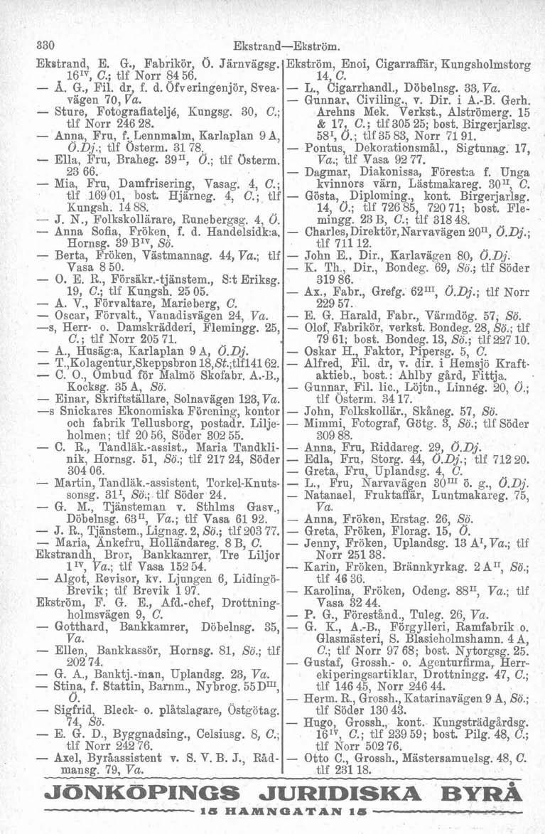 EkstrandEkström. Ekstrand, E. G., Fabrikör, O. Järnvägsg. EL :ström,enoi, Cigarraffar, Kungsholmstorg 161V. C.: tlf Norr 84 56. I. A 14, b. A. ~.,.Fii. dr, f. d. Ofveringenjör, Svea L., Cigarrhandl.