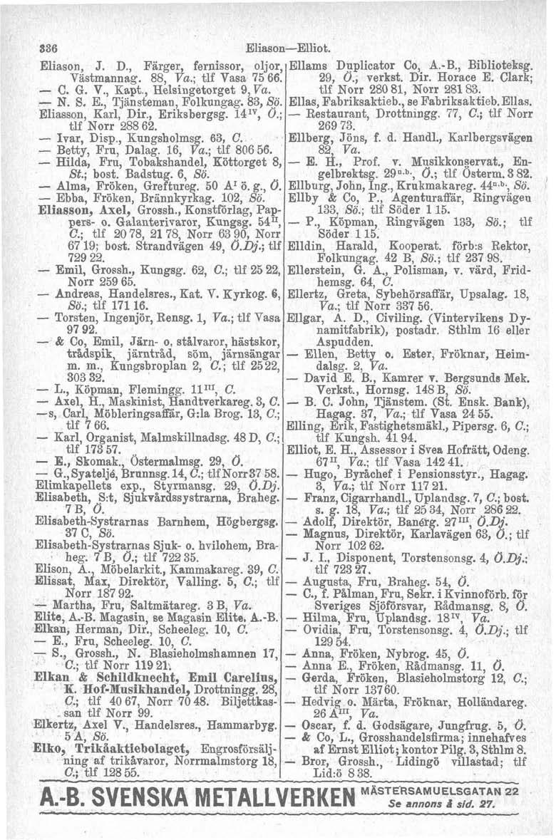 Eliason, J. D., Färger, fernissor, oljor, Västmannag. 88, ; tlf Vasa 75 66. C. G. V., Kapt., Helsingetorget 9, N. S. E., Tjailsteman, Folkungag. 83, So. Eliasson, Karl, Dir., Eriksbergsg. 141V, 0.