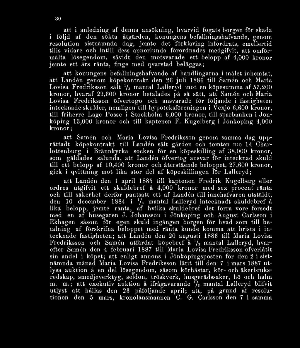 att konungens befallningshafvande af handlingarna i målet inhemtat, att Landén genom köpekontrakt den 26 juli 1886 till Samén och Maria Lovisa Fredriksson sålt 1/a mantal Lalleryd mot en köpesumma af
