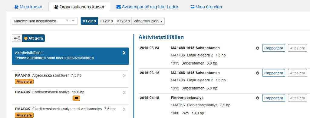 Om startsidan (forts.) Flik: Mina kurser (Organisationsrättighet) Beroende på vilka behörigheter du har i Ladok kan du även se fliken Mina kurser (Organisationsrättigheter).