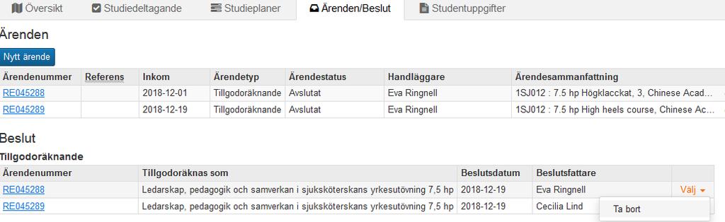 8. Ta bort det felstavade beslutet Gå in på studentens flik Ärenden/Beslut En felstavning som ligger i Annan merit eller Annat resultat visas inte i informationen om Beslut som finns