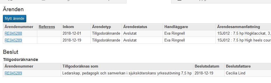 Man kan se att ärendenumret under Beslut är detsamma som numret under Ärenden eller så kan man klicka på länken till beslutets ärendenummer så får man upp informationen i en annan bild.