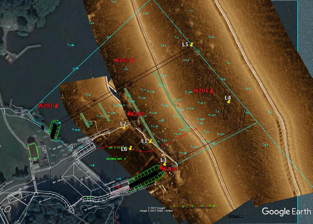 4.2 Kartering med side scan sonar Sonarkarteringen indikerade att bottnarna ned till ca 3 m utgörs av relativt fasta leror/gyttjeleror som är att klassificera som E- och/eller T-bottnar (Fig. 10).