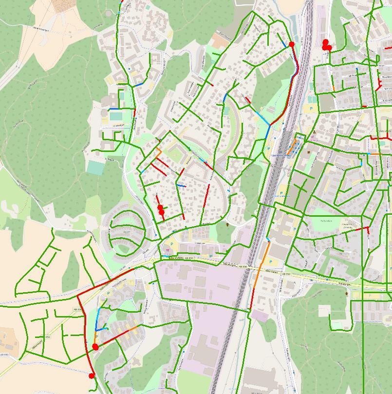 Vatten ovanför ledningshjässa kontrollberäkning torrväder Väsby Entré Röd pga tryckledning Eds Allé Röd pga tryckledning Figur 7