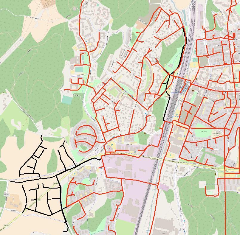 För Eds Allé erhölls ledningsnätet i fyra autocad-filer; R-51-P-101, R-51-P-102, R-51-P-201, R-51-P-202 Eds Alles ledningsnät visas med svart och det befintliga spillvattenledningsnätet visas med