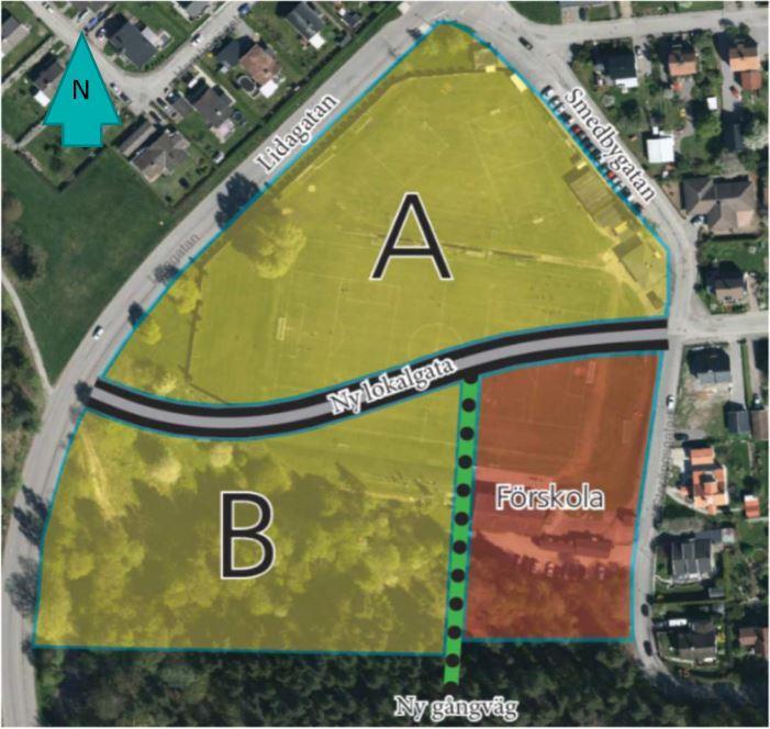 Figur 1: Etableringsområde. Inom område A planeras småhusbebyggelse och inom B planeras fler bostadhus samt en förskola. 2.