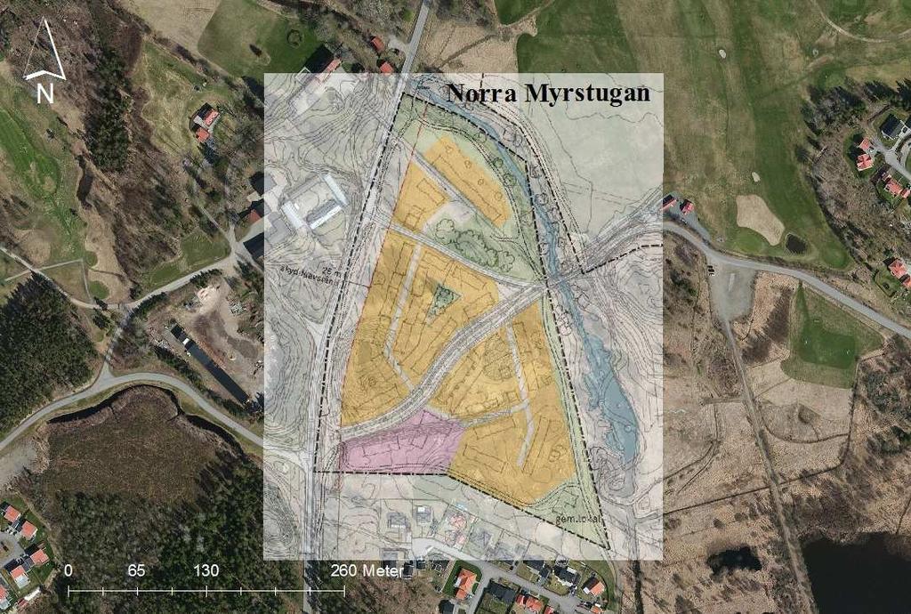 Figur 2-1. Den yttre gränsen för Norra Myrsugans planområde är markerat med en svartstreckad polygon. Färgade fält inom planområdesgränsen visar planerad markanvändning.