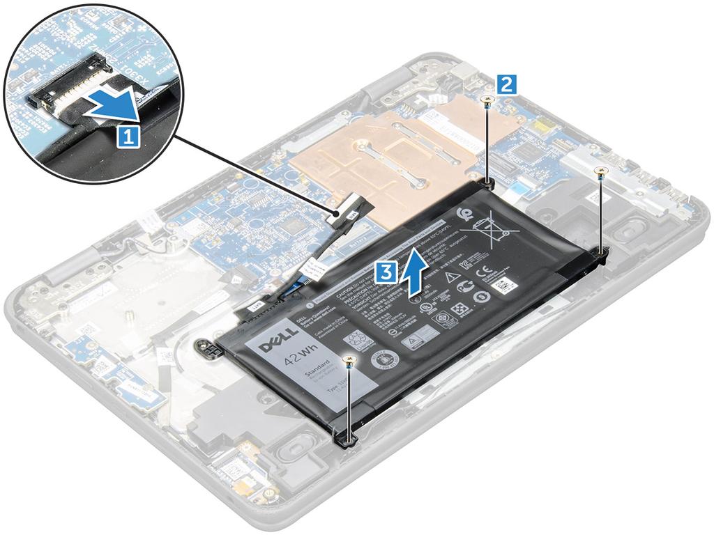Batteriet GUID-2F290758-2CFF-42C3-A93C-DC0EF3A54A0F GUID-E9D4C234-2326-4BC0-98FF-E5CEAE19805F Ta bort batteriet - valfritt 1 Följ anvisningarna i Innan du arbetar inuti datorn.