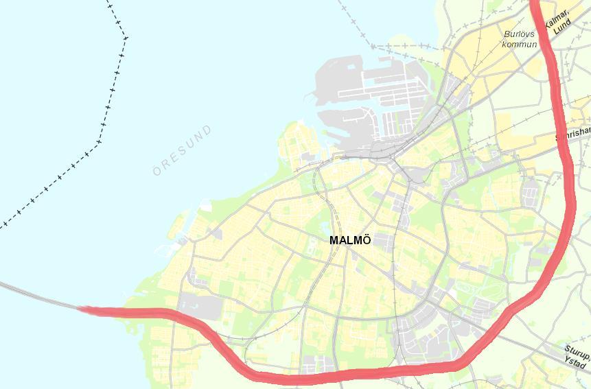 Figur 4. Geografisk avgränsning inom och inklusive Yttre Ringvägen (markerat i rött). Malmö stad, bearbetad av ÅF Infrastructure AB. 2.