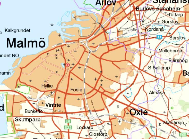 Figur 19. Företag (8 st.) i Malmö stad (blåa kryss) som tar fram gummi- och plastvaror (>1 ton) med bland annat plastpellets som råvara. Gult kryss innebär U-verksamhet.