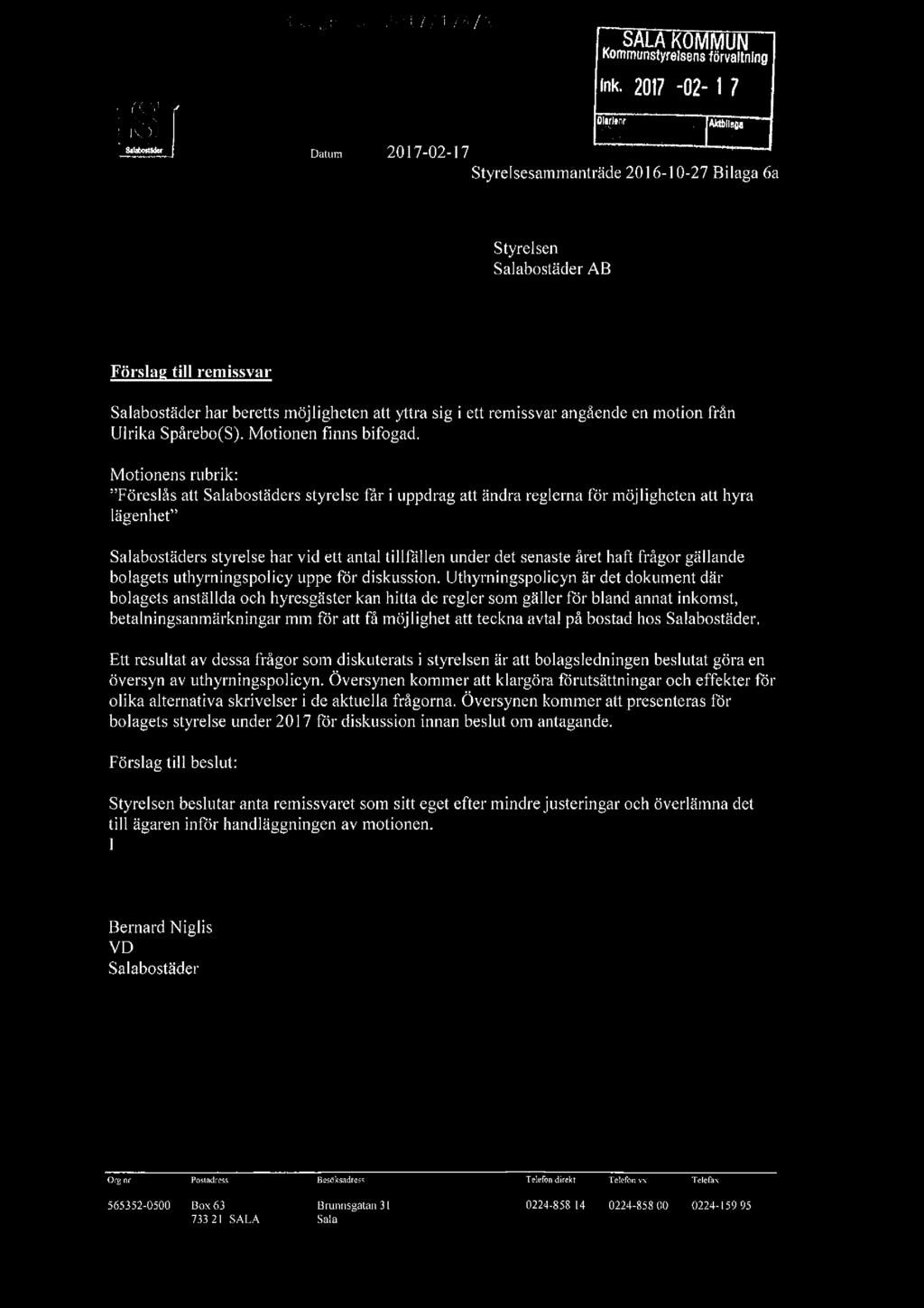 .i :'_ L'räl 7 /l Ni;.71 :_. mmm' Datum 7-02- l 7 SALAKOMMUN Kommunstyrelsensförvaltnlng "Ik-2017-02-l 7 fi!