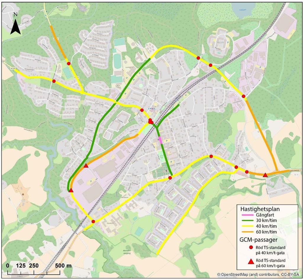 14 4.4 Analys av osäkra GCM-passager i hastighetsplanen Figur 4-6 visar alla GCM-passager som klassificeras som osäkra (röda) med hastighetsgränser enligt hastighetsplanen.