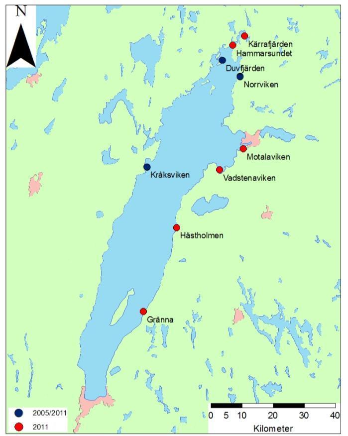 I n v e n t e r a d e o m r å d e n De nio inventerade delområdena är placerade i olika delar av Vättern och med delvis olika grad av exponering (Figur 2).