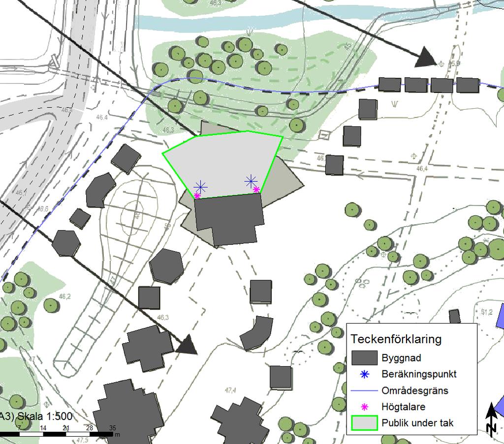 Figur 8. Övre figur visar placering av bullerkällor och teaterbyggnad enligt underlag.