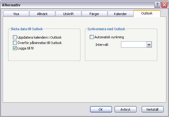 Inställningar för synkning Följande inställningar kan göras under alternativ (per användare). - Logga till fil för felsökning. - Automatisk synkning. - Uppdatera kalendern i Outlook.