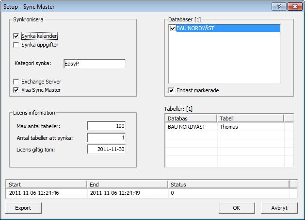 Setup Sync Master Sync Master är ett nytt program som sköter synkning mellan Easy Planning databas och Outlook. Via schemaläggaren (Time Schedule) anger man hur ofta programmet ska köras.