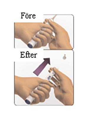 Tips: Skyddshylsan lossas automatiskt under steg 3, nedan 3 3 Dra ut injektorskölden Håll pennkroppen i ett fast grepp med ena handen. Rikta skyddshylsan bort från dig själv och andra.