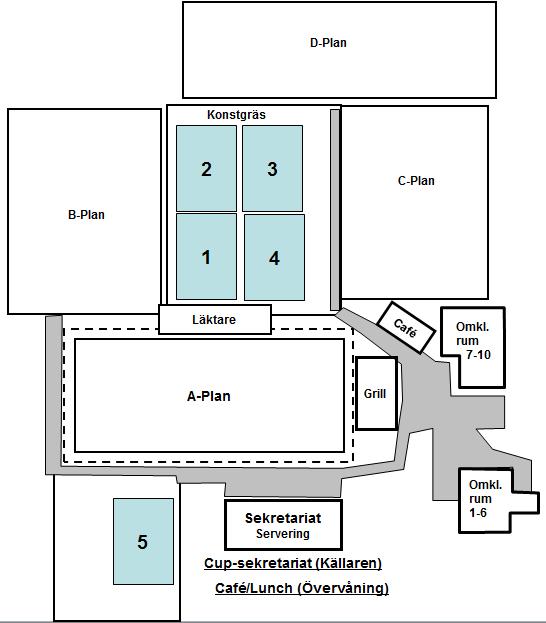 Planer/Omklädningsrum Plan 1-4 är konstgräsplan. Plan 5 är konstgräs inomhus i Bilab-hallen. Vi har 10 omklädningsrum och vid ankomst får ni information om var ni kan byta om.