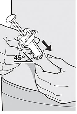 6. Stick in sprutan Stick in nålen fullständigt i hudvecket med en vinkel på ungefär 45. 7. Tryck ner kolven Lossa greppet om huden en aning.