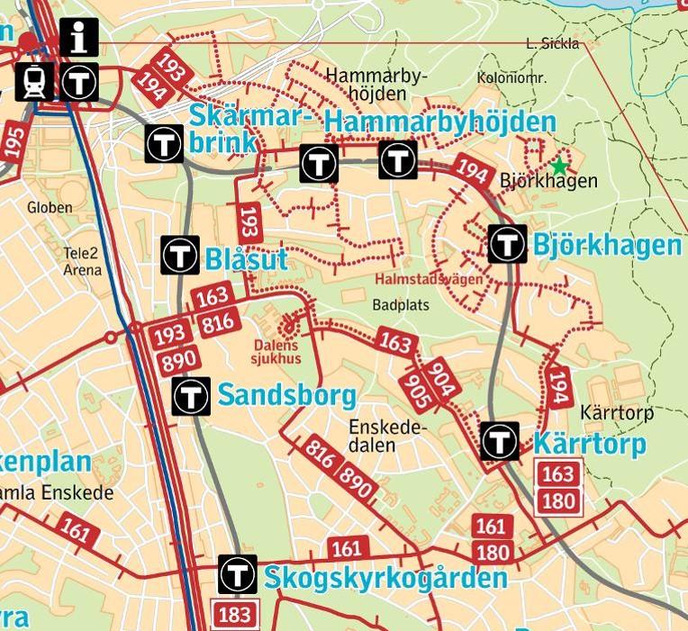 2.3 KOLLEKTIVTRAFIK Kollektivtrafik finns i närheten av planområdet. I Björkhagens centrum ligger Björkhagens tunnelbanestation, vilken trafikeras av tunnelbanans gröna linje 17.