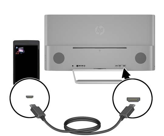 Anslut en MHL-kabel till MHL/HDMI-kontakten på bildskärmens baksida och till mikro-usbkontakten på en MHL-aktiverad källenhet, som t.ex.