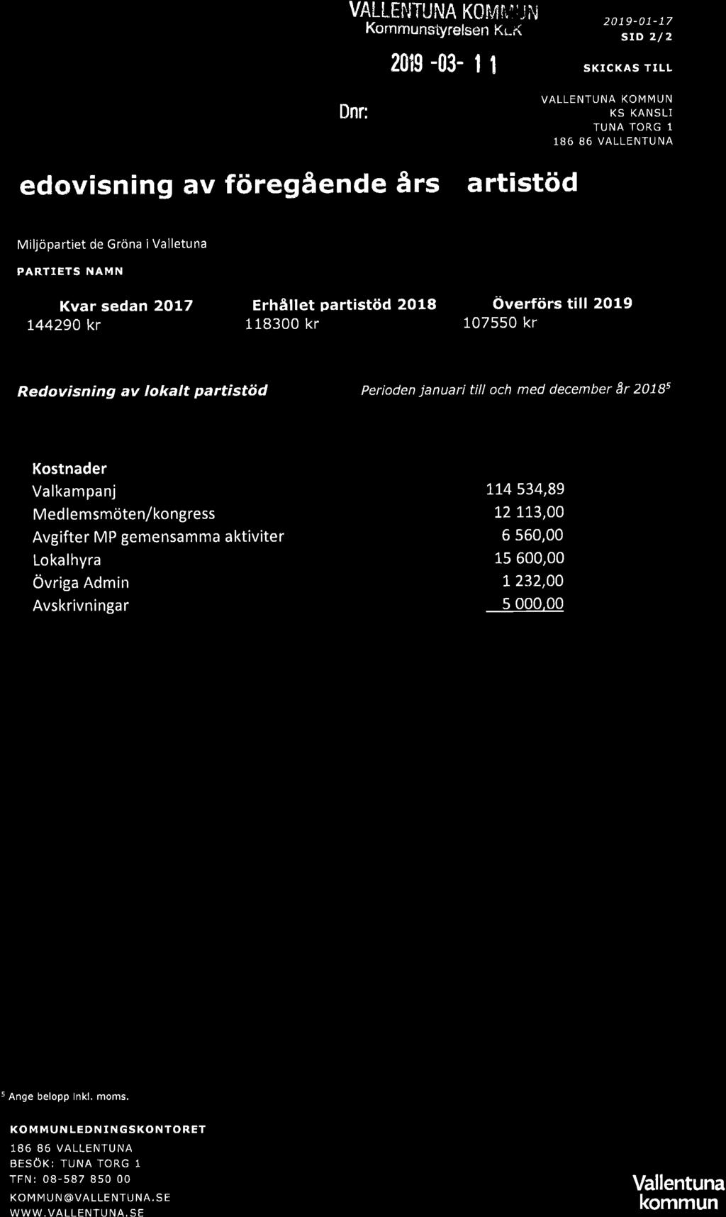 VAI-L EFJTUNA KOF/1 IiI i J N Kommunstyrelsen Kr- "( 20t9-03- I I 2019-01-17 srd 2/2 SKICKAS TILL Redovisning av föregående års partistöd Dnr: VALLENTUNA KOMMUN KS KANSLI TUNA TORG 1 Miljöpa