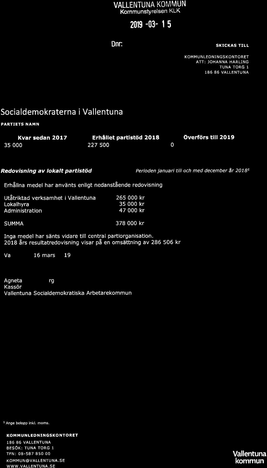 VAI-LENTUNA KüIIIMUN KommunstYrelsen KLK Dnr:.