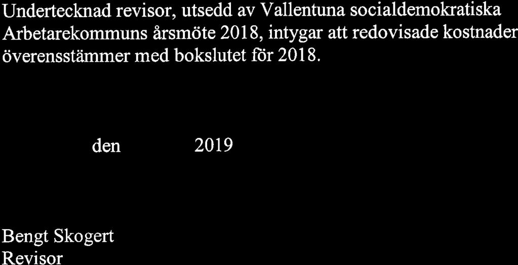 Undertecknad revisor, utsedd av Vallentuna socialdemokratiska ArbetarekoÍrmuns årsmöte 2018,