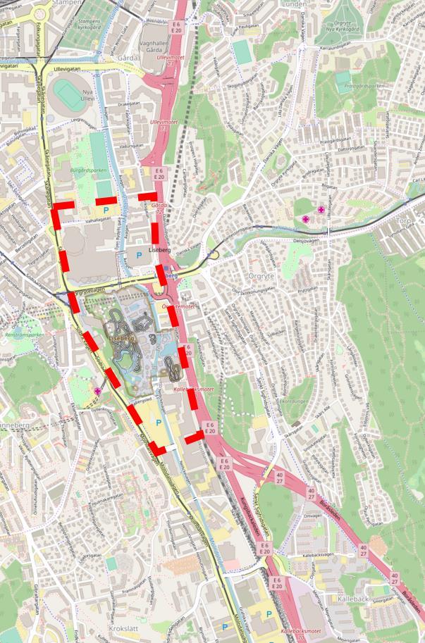 2. Förutsättningar 2.1 Utredningsområdet Utredningsområdet är beläget inom Lisebergs närområde med avseende på parkeringsplatser, se figur 1.