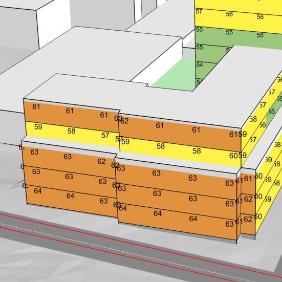 6.1 LJUDNIVÅ VID FASAD Med placering av byggnaderna enligt skiss beräknas riktvärdet 60 dba ekvivalenta ljudnivå vid fasad att överskridas vid huskroppen närmast Södra Järnvägsgatan.