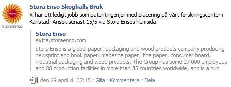 Datainsamlingen visade att Skoghalls Bruk hade publicerat flera inlägg där de presenterade olika tjänster som fanns på bruket och vilka lediga jobb som kunde sökas.
