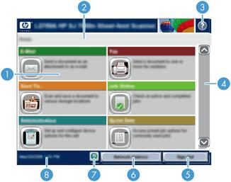 Om du vill ha ytterligare information om olika ämnen trycker du på Hjälp-knappen högst upp i högra hörnet på startskärmen. Startskärmen Från startskärmen får du åtkomst till produktens funktioner.