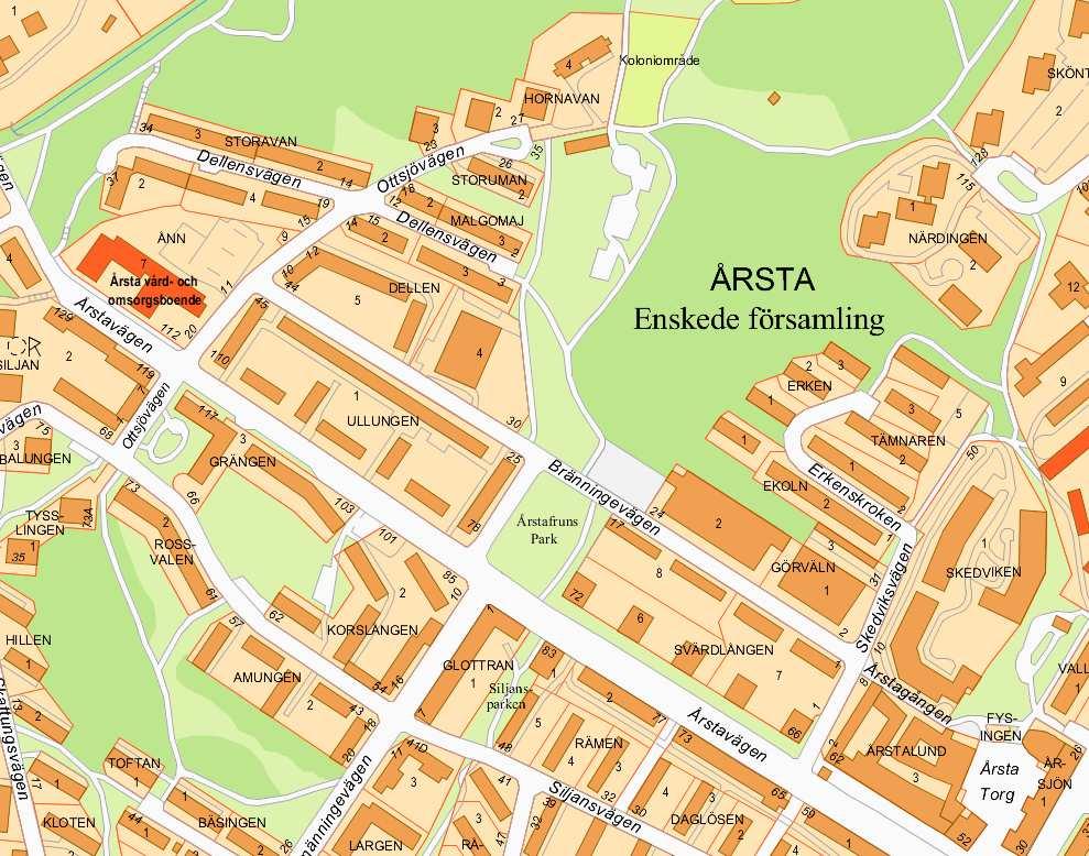 SID 2 (7) Planområdet Utlåtande Planförslaget möjliggör att på Dellen 4 samt på en bollplan vid Bränningevägen i Årsta bygga 80 lägenheter. Byggnaderna föreslås uppförda till fyra våningar.