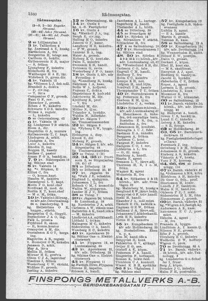 - 1360 Rådmfaorgxtan ('-', zngelbr. forsaml (32-42) ~ok.5 för8aml. 137-81, 44-90) Ad. Fred? församl. - 2 %e Lill~ansplan 1 3 kv. Tallkotten 6 %g. Ånatrand A E, huahg.